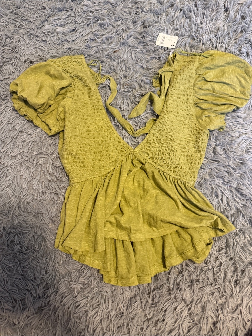 Free People Olive Green Smocked V-Neck Puff Sleeve Crop Top
